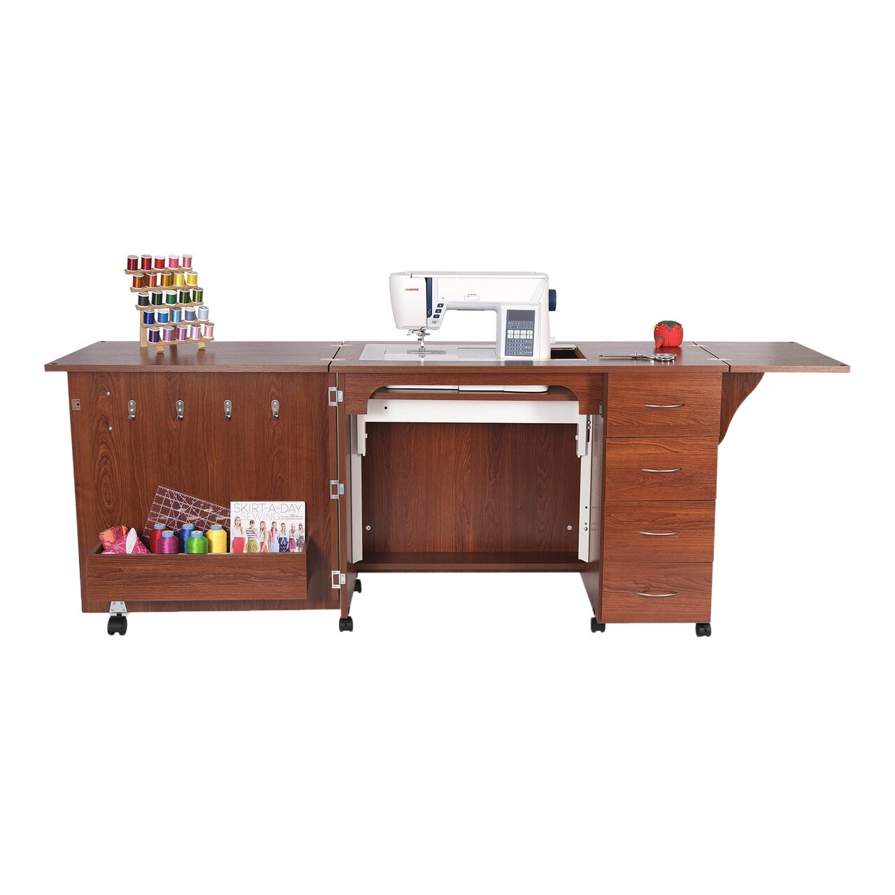 Arrow Classic Sewing Furniture Harriet Full-Size Sewing Cabinet with Hydraulic Machine Lift, Drawers, Expandable Leaves, Locking Wheels - Teak